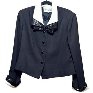 Albert Nipon Evening Women's Black Beaded Collar & Cuffs Blazer Size 16
